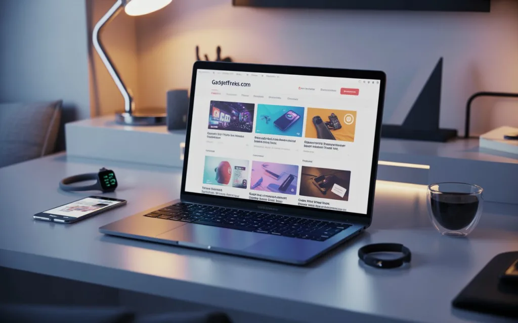 Homepage of GadgetFreeks.com displayed on a laptop with gadgets around, showing sections for reviews, tutorials, and entertainment.