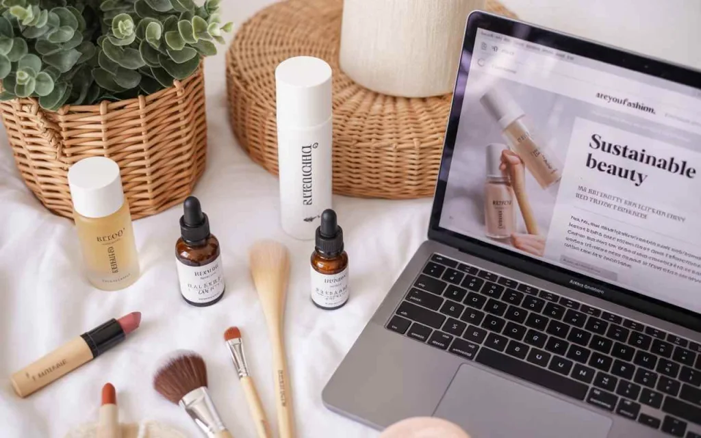 Sustainable beauty and wellness flat lay featuring eco-friendly skincare products and AreYouFashion.com sustainability guide.