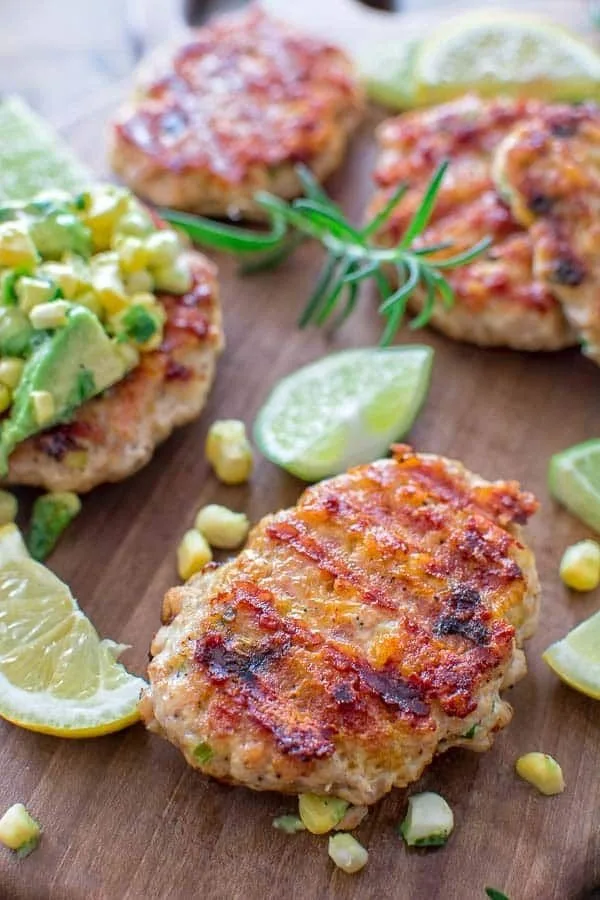 Chicken Burgers with Avocado Corn Salsa