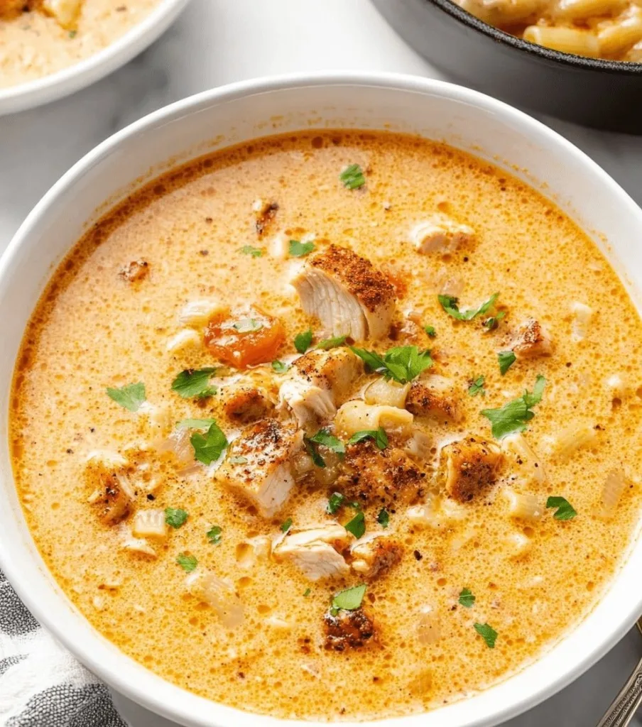 Creamy Parmesan Cajun Chicken Pasta Soup
