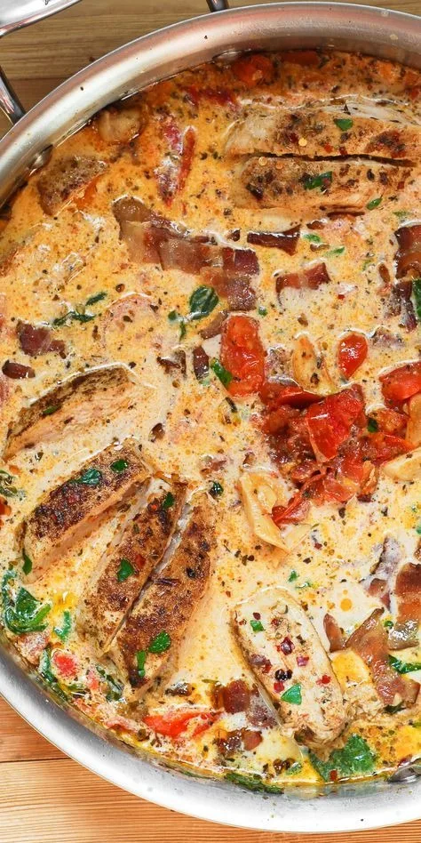 Creamy Tomato Chicken Soup with Bacon and Spinach Recipe