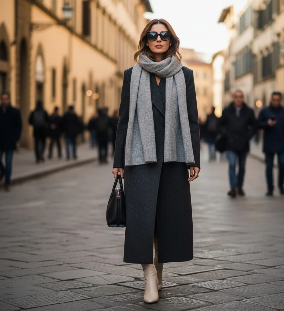 Chic in a Wool Overcoat and Cream Boots
