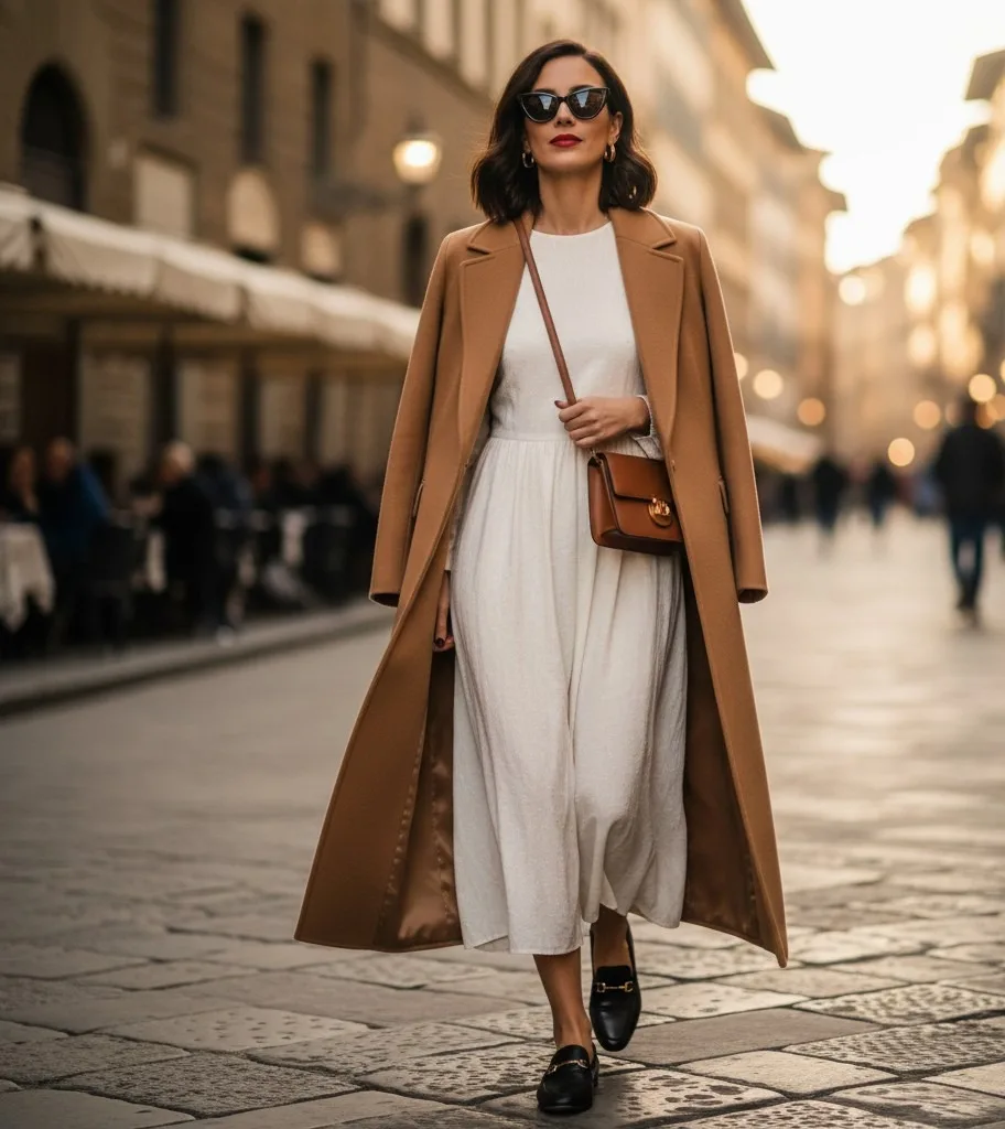 Camel Coat with a White Midi Dress
