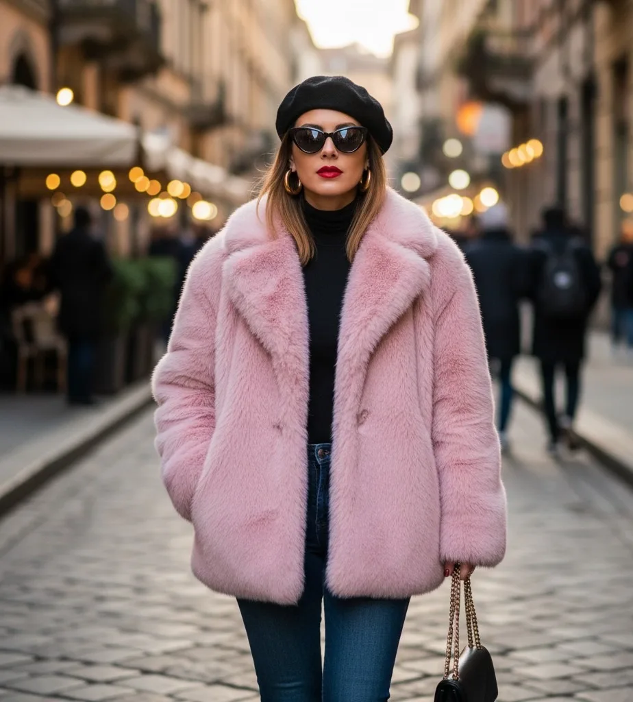 Blush Faux Fur Coat and Statement Accessories