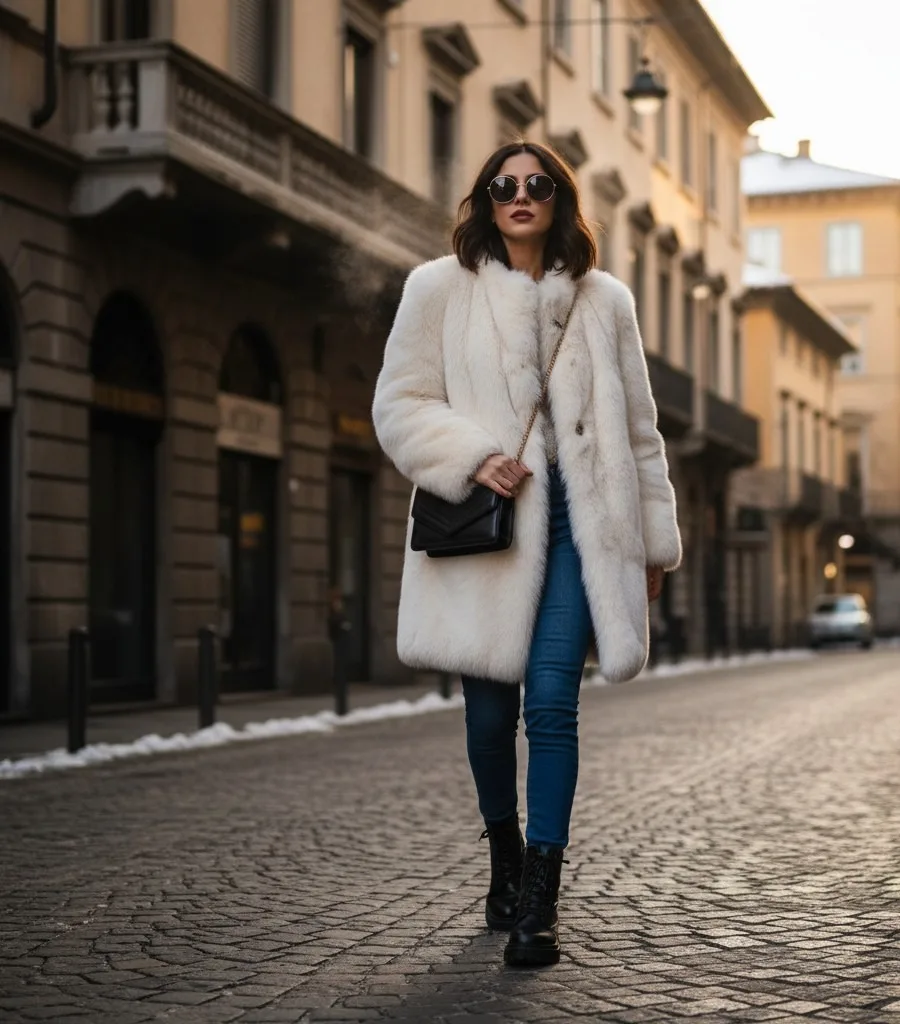 Fur Coat with Skinny Jeans and Combat Boots