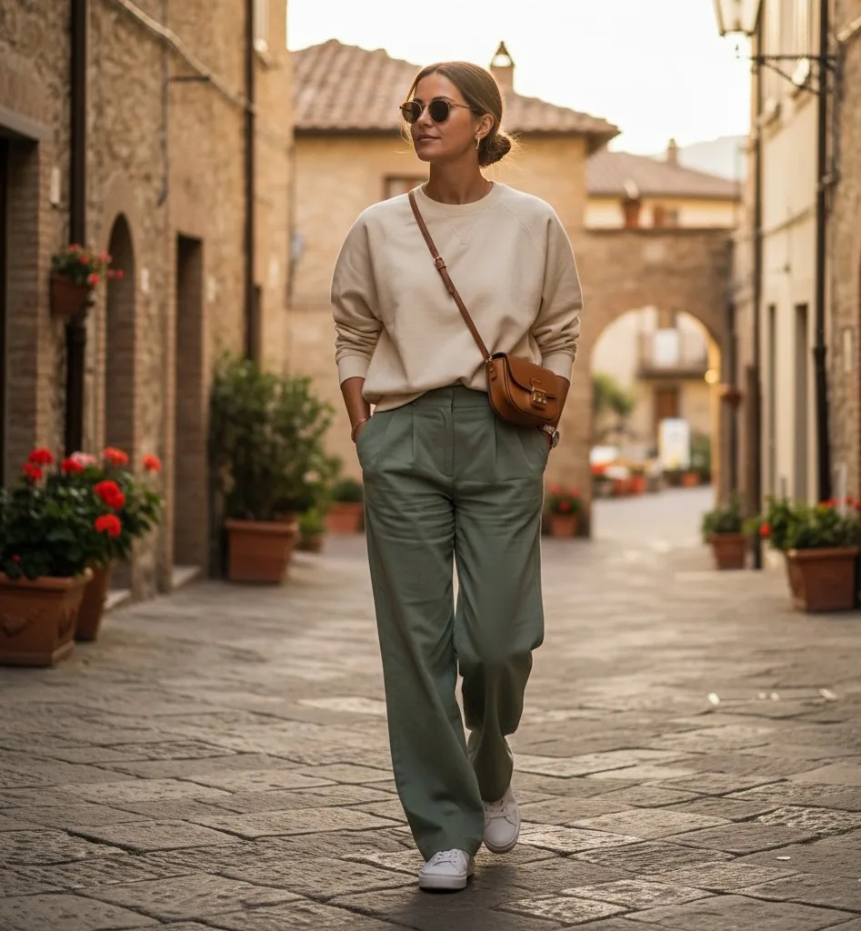 Oversized Beige Sweatshirt with Wide-Leg Sage Pants