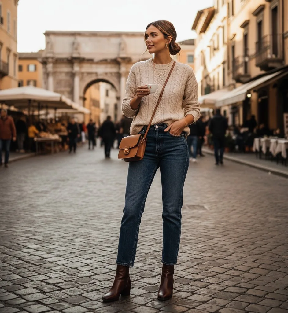 Knit Sweater + Straight-Leg Jeans + Leather Ankle Boots
