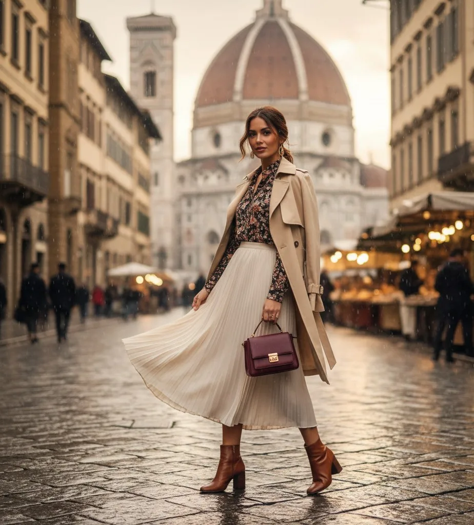 Long-Sleeve Blouse + Pleated Midi Skirt + Trench Coat