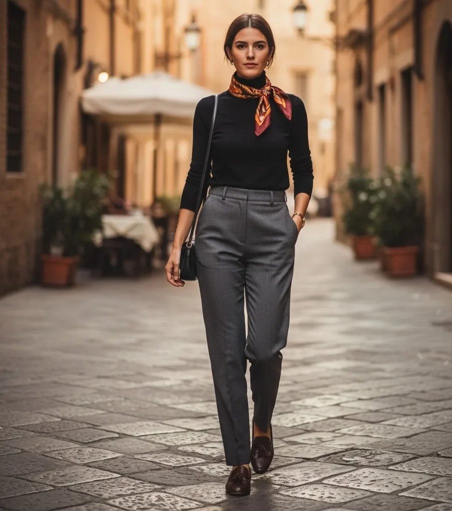 Lightweight Turtleneck + Tailored Trousers + Silk Scarf