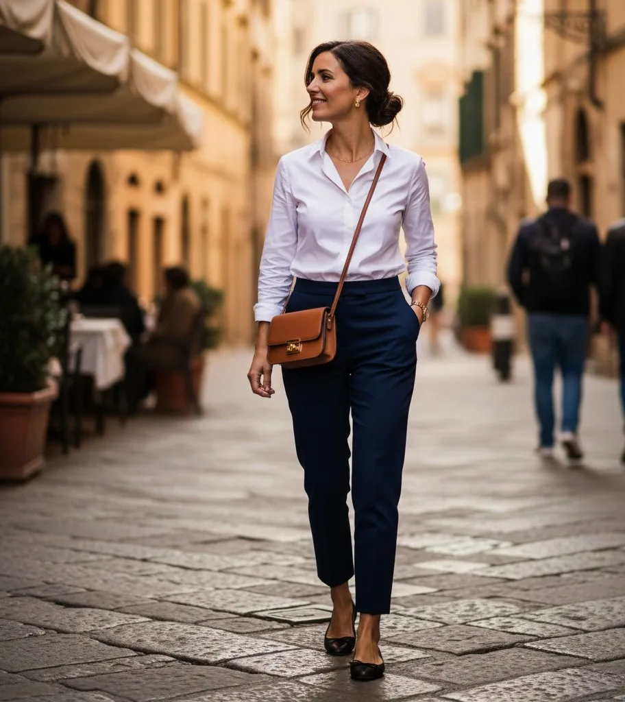 Button-Up Shirt + Cropped Trousers + Crossbody Bag