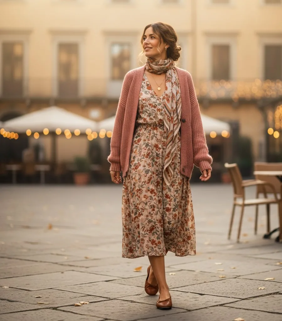 Midi Dress + Cardigan + Ballet Flats