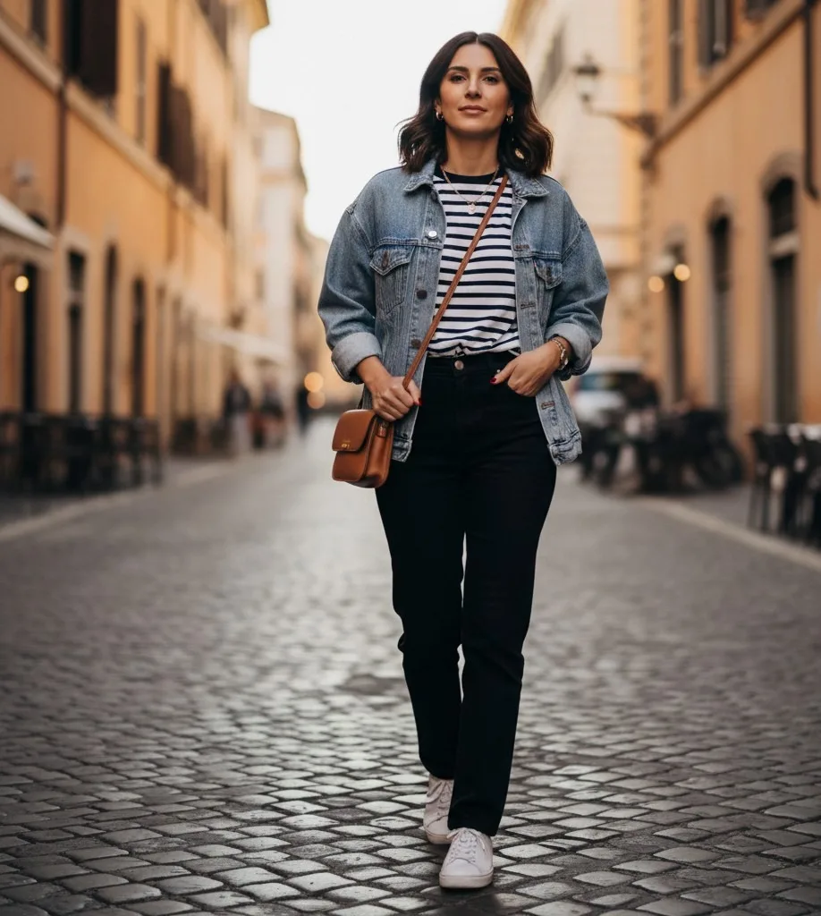 Breton Striped Tee + Black Jeans + Denim Jacket