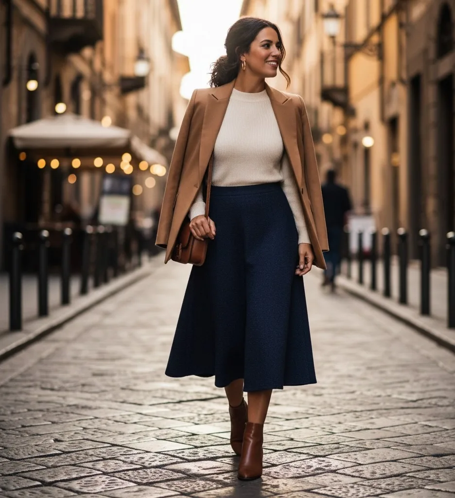 Fine-Knit Pullover + A-Line Skirt + Blazer