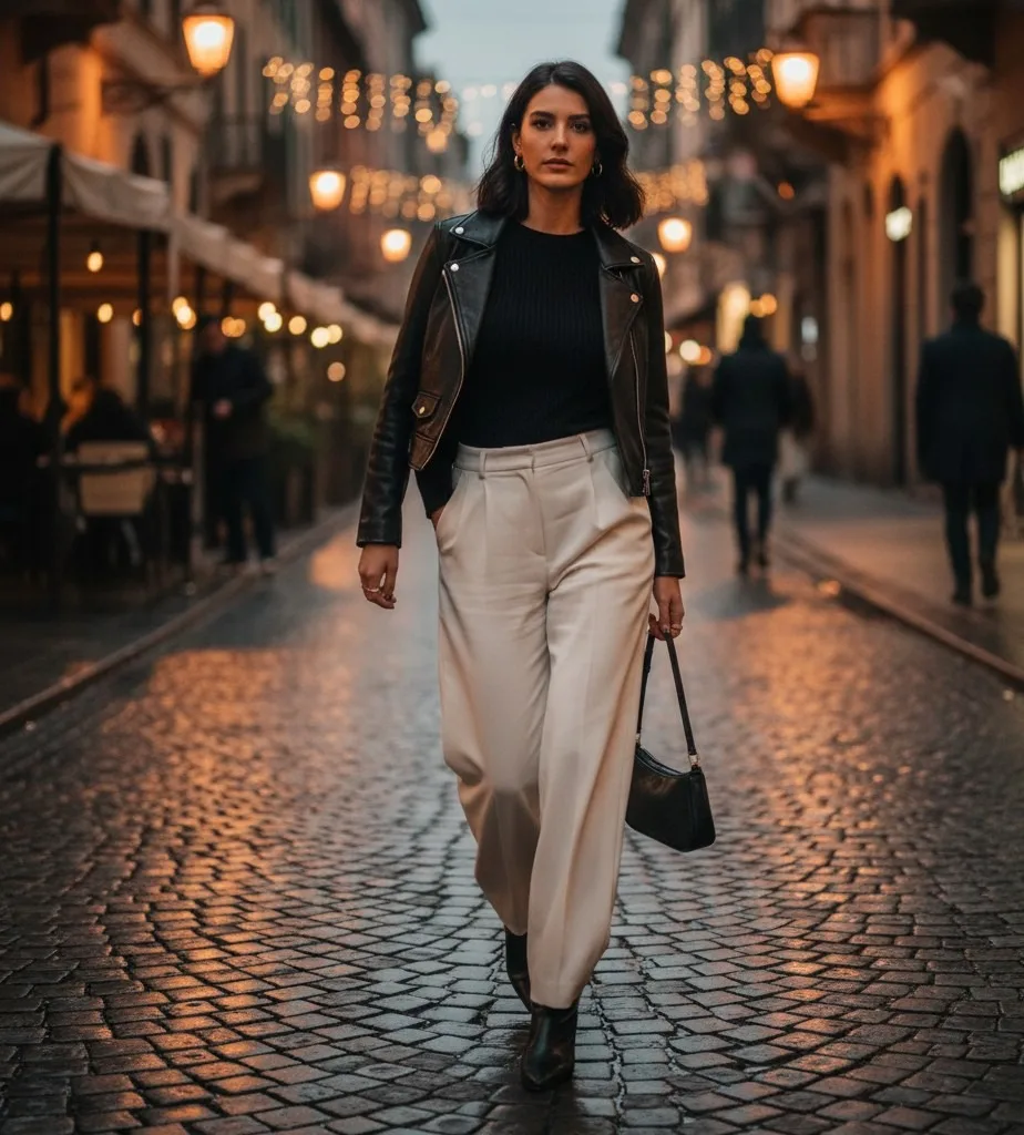 Long-Sleeve Top + Wide-Leg Pants + Leather Jacket