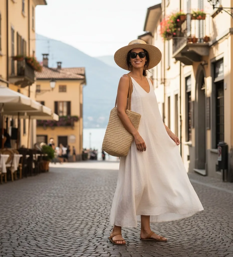Linen Maxi Dress + Woven Straw Hat