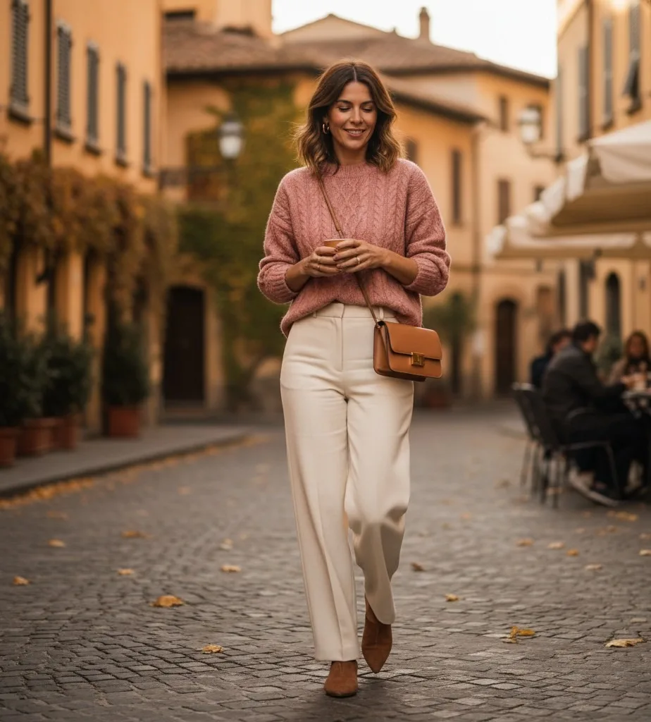 Soft Romance: Pink Cardigan, White Skirt & Ballet Flats