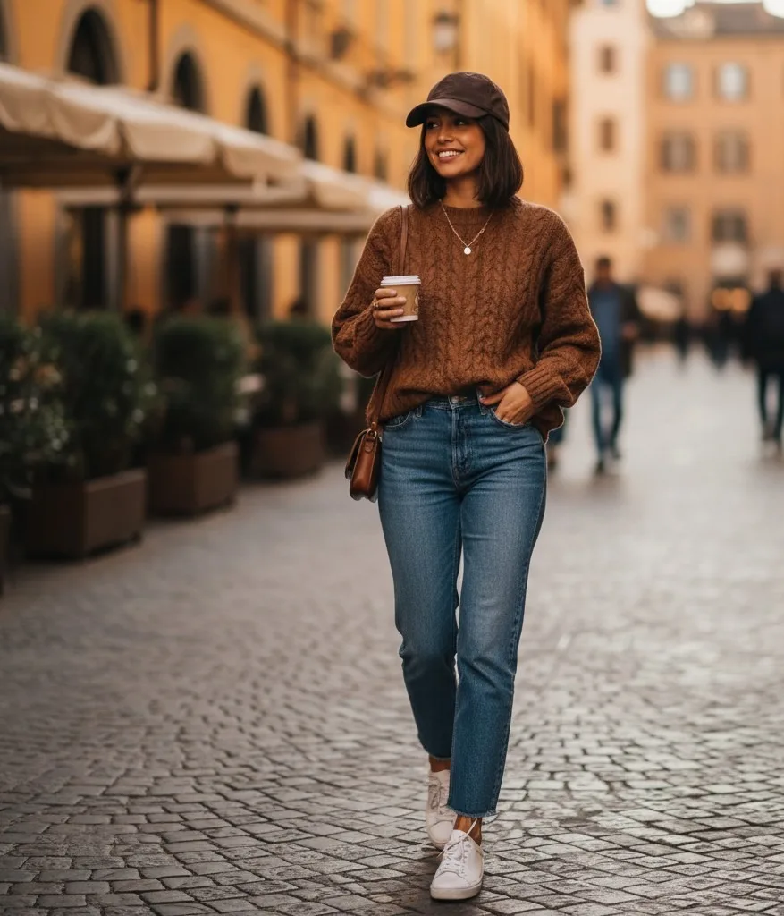 Laid-back Comfort: Brown Sweater, Straight Jeans & Baseball Cap
