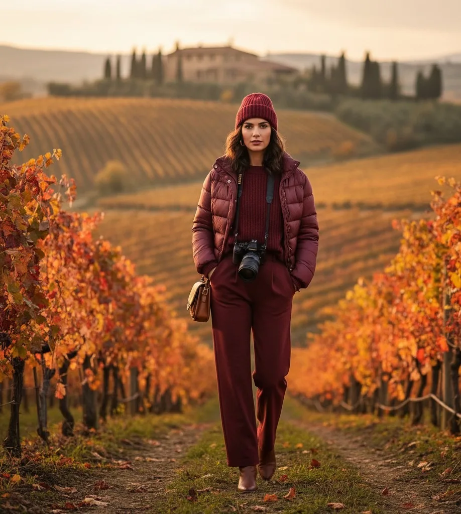Bold & Warm: Burgundy Set, Puffer Jacket & Beanie