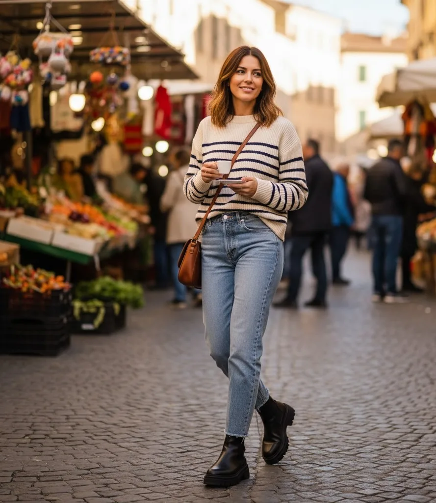 Casual Cool: Striped Sweater, Light Denim & Chunky Boots