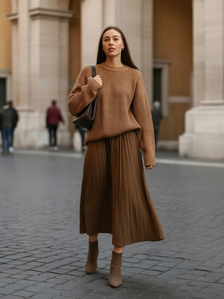 Soft Knit Sweater with Midi Skirt for Museum Days