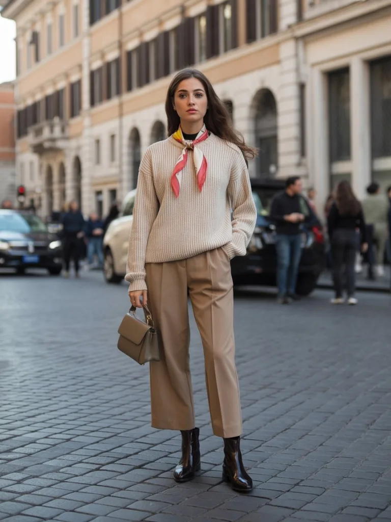 Sweater-and-Silk-Scarf Combo for Italian Flair