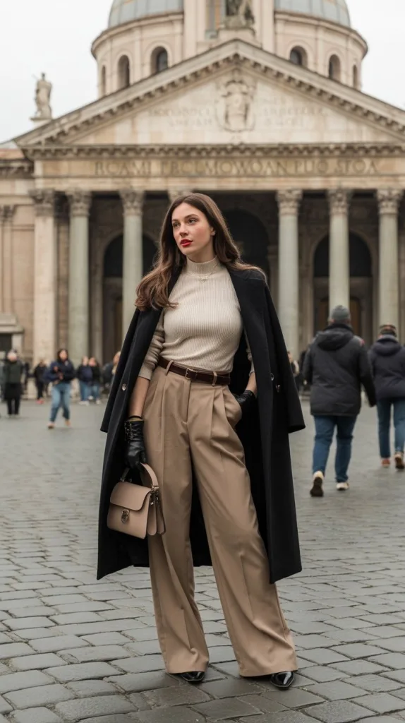 10 Rome Italy Outfit Winter: Stay Stylish and Warm in the Eternal City 5 Tailored Coat with Wide Leg Trousers