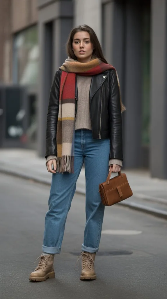 10 Rome Italy Outfit Winter: Stay Stylish and Warm in the Eternal City 7 Leather Jacket with Scarf and Jeans