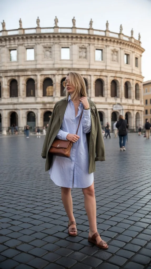 Shirt Dress with Leather Sandals