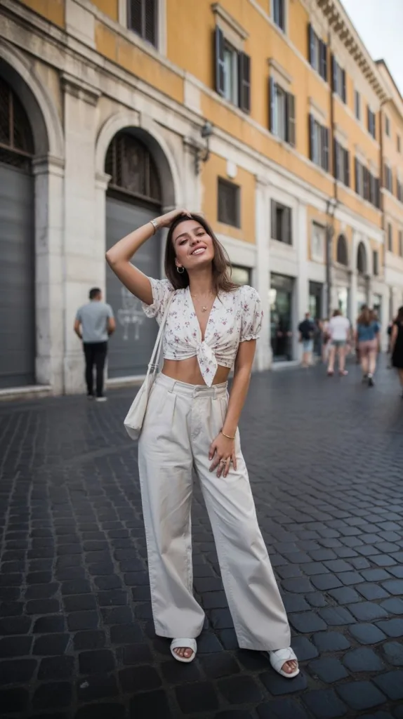 White Floral Crop Top & Low-Rise Pants