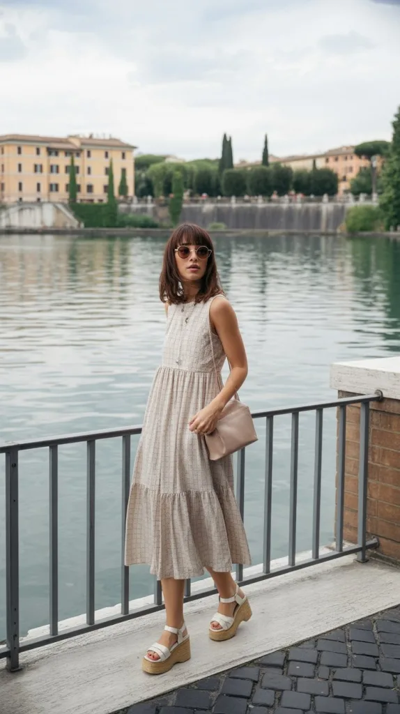 Sleeveless Midi Dress + Platform Sandals + Light Scarf