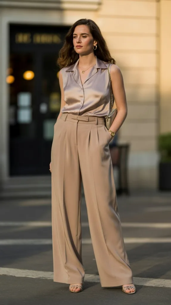 High-Waisted Wide-Leg Trousers & Silk Blouse