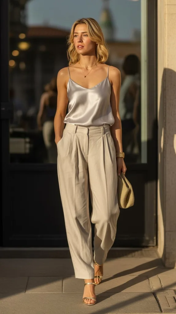 Silk Camisole & High-Waisted Linen Pants
