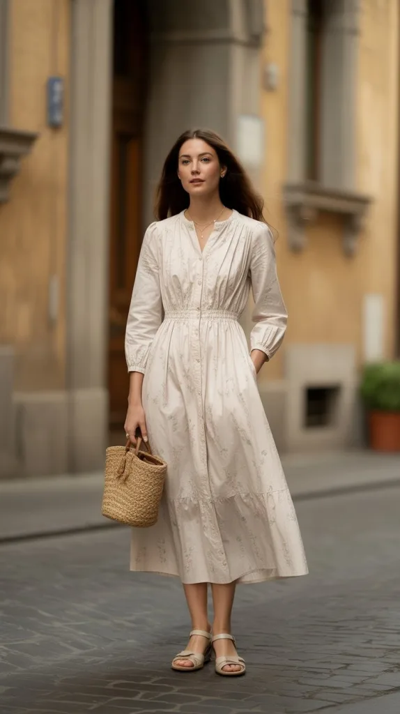 Long-Sleeve Cotton Midi Dress