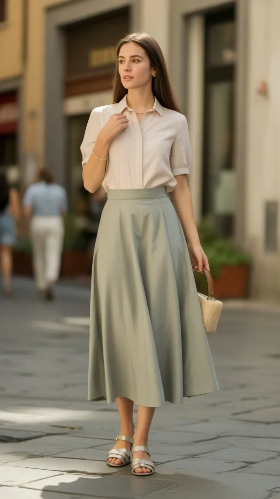 High-Waisted Midi Skirt and Short-Sleeve Blouse