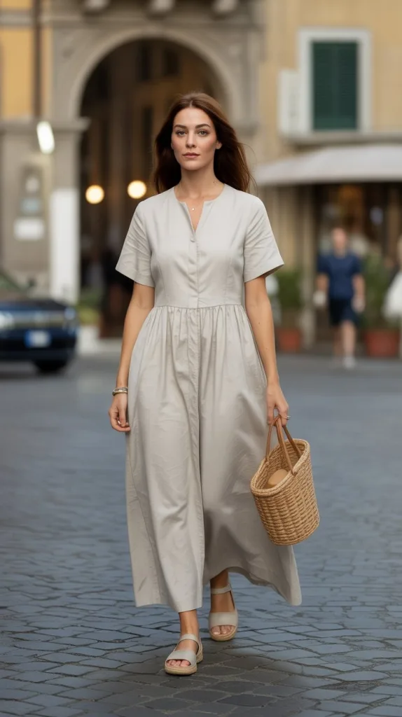 Maxi Linen Dress with Short Sleeves