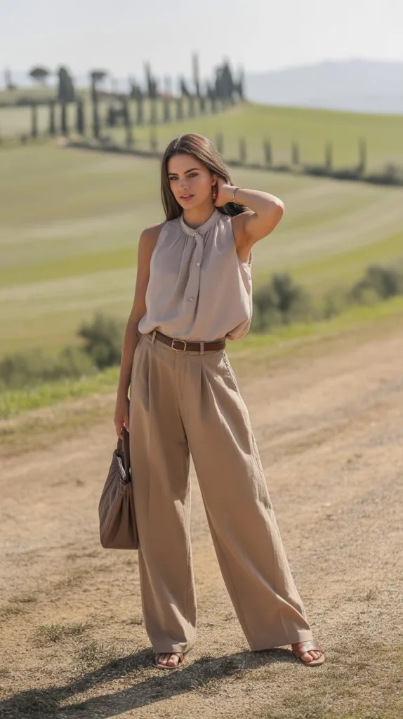 Wide-Leg Trousers + Sleeveless Blouse