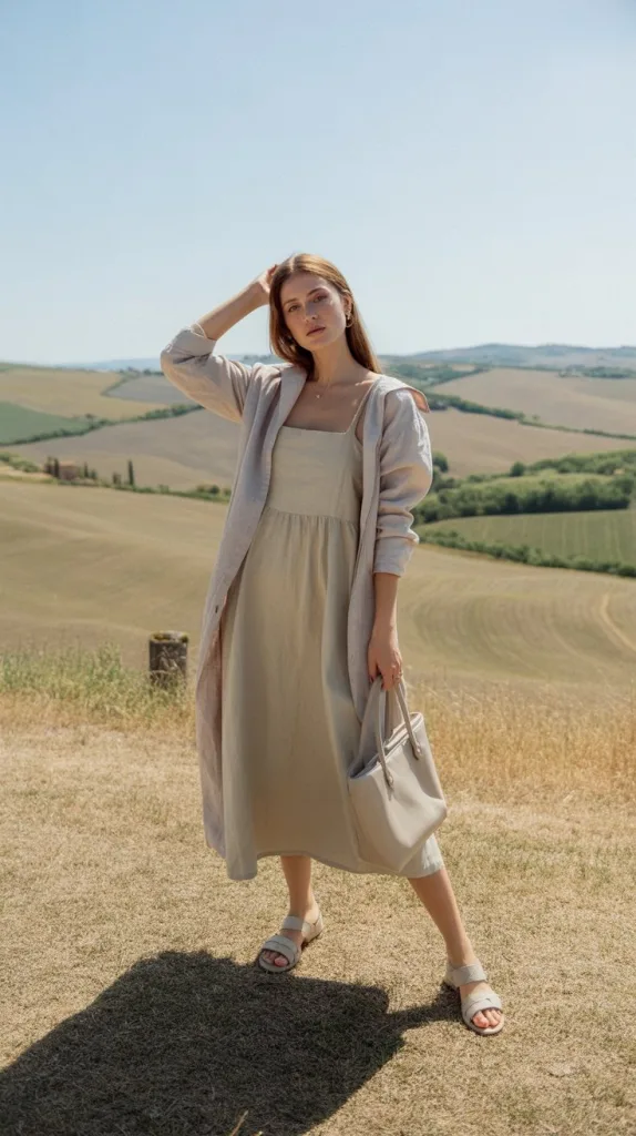 Linen Midi Dress + Light Cardigan