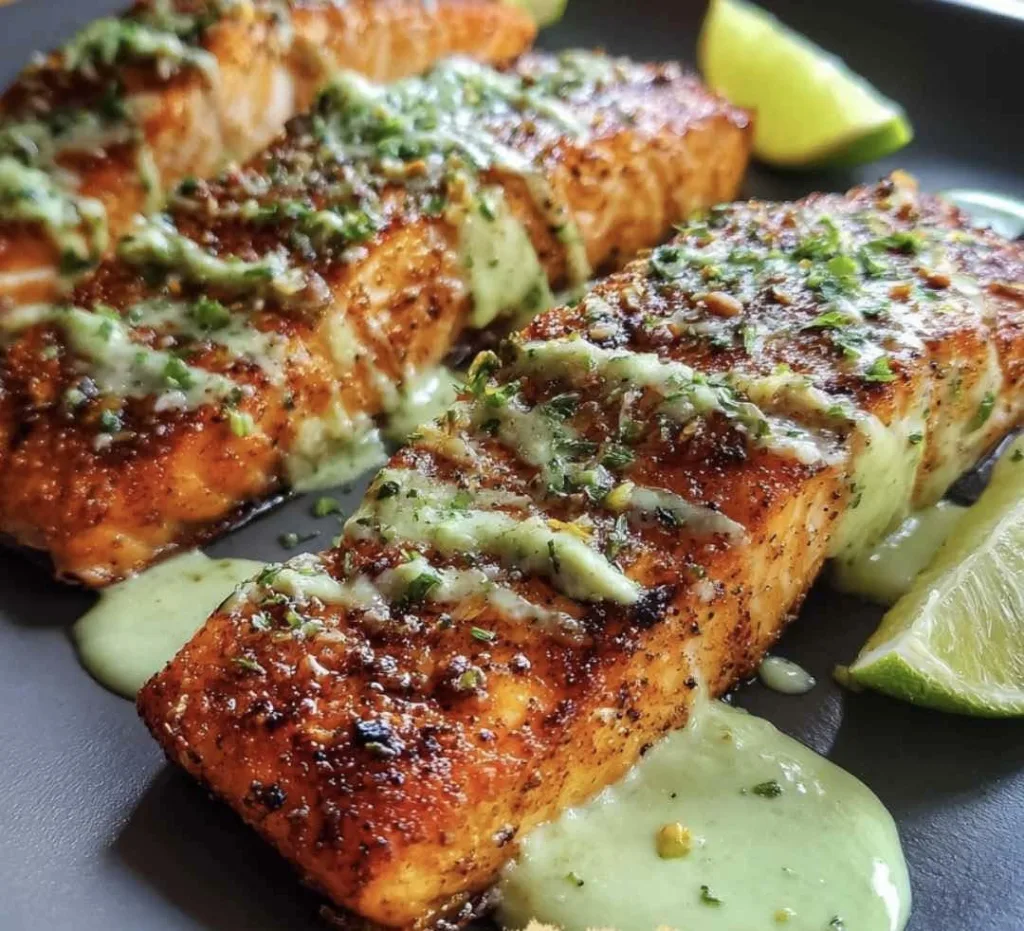 Baked Cajun Salmon with a Smooth and Creamy Avocado Lime Sauce Recipe