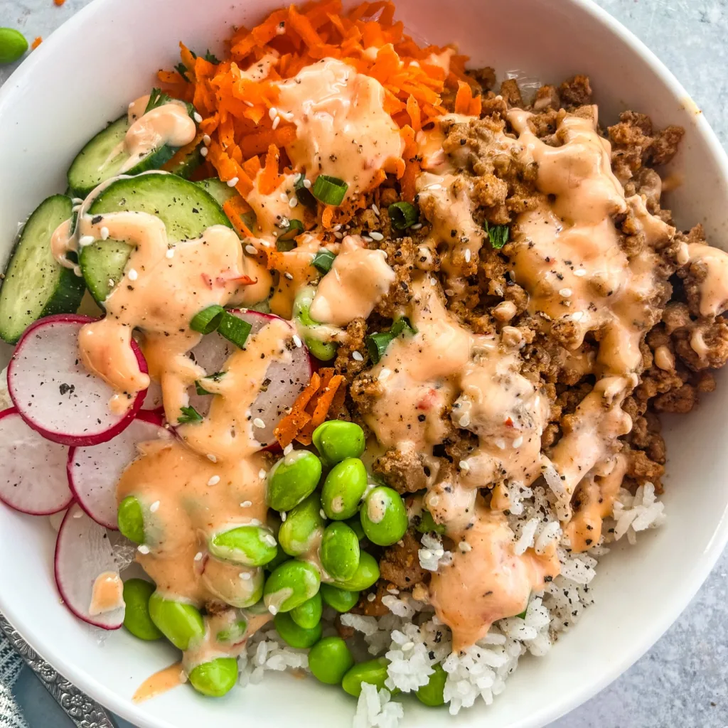 Ground Turkey Rice Bowls with Bang Bang Sauce