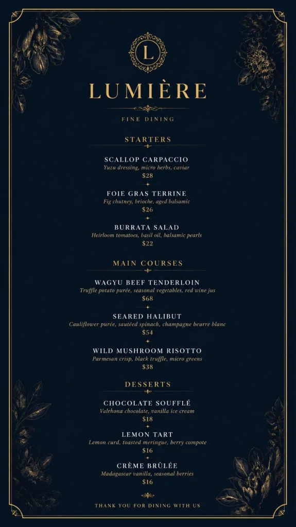 Luxury Fine Dining Menu