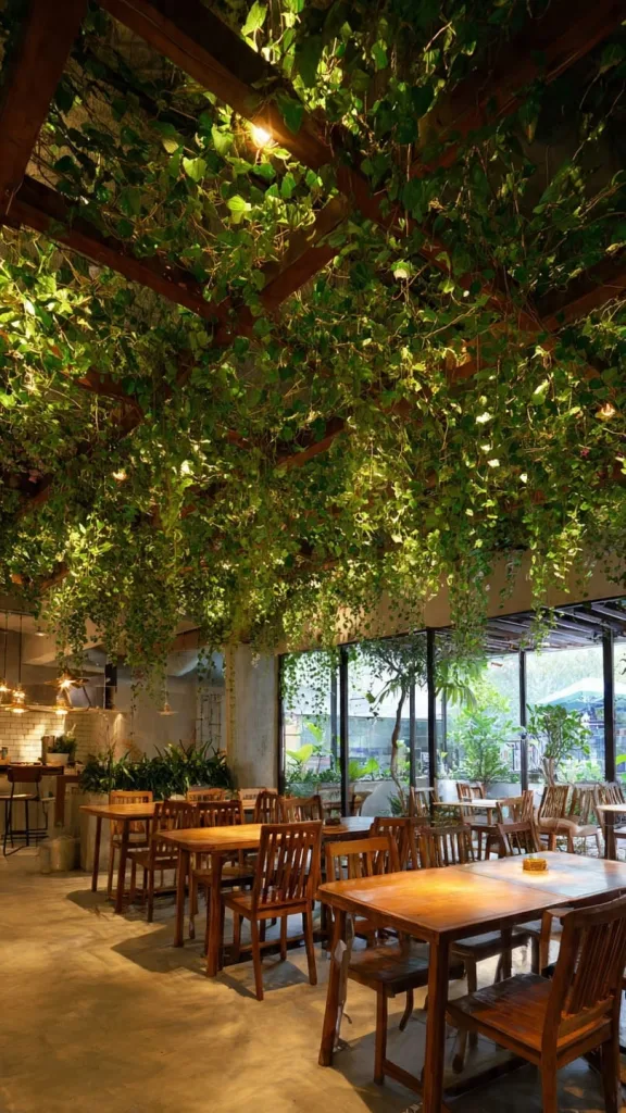 10 Plants in Restaurants with Stunning Green Interior Ideas 2 Hanging Vine Ceiling