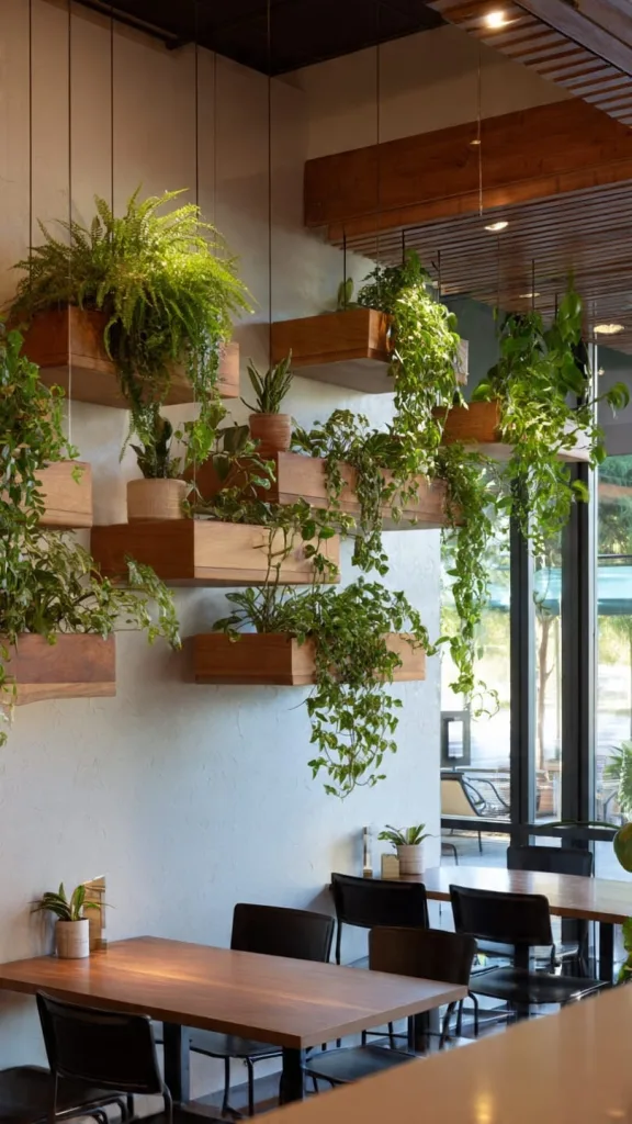 10 Plants in Restaurants with Stunning Green Interior Ideas 7 Suspended Plant Shelves