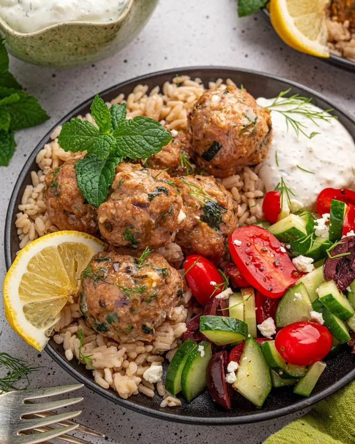 Greek Turkey Meatballs with Lemon Herb Rice Recipe 2 Greek Turkey Meatballs with Lemon Herb Rice