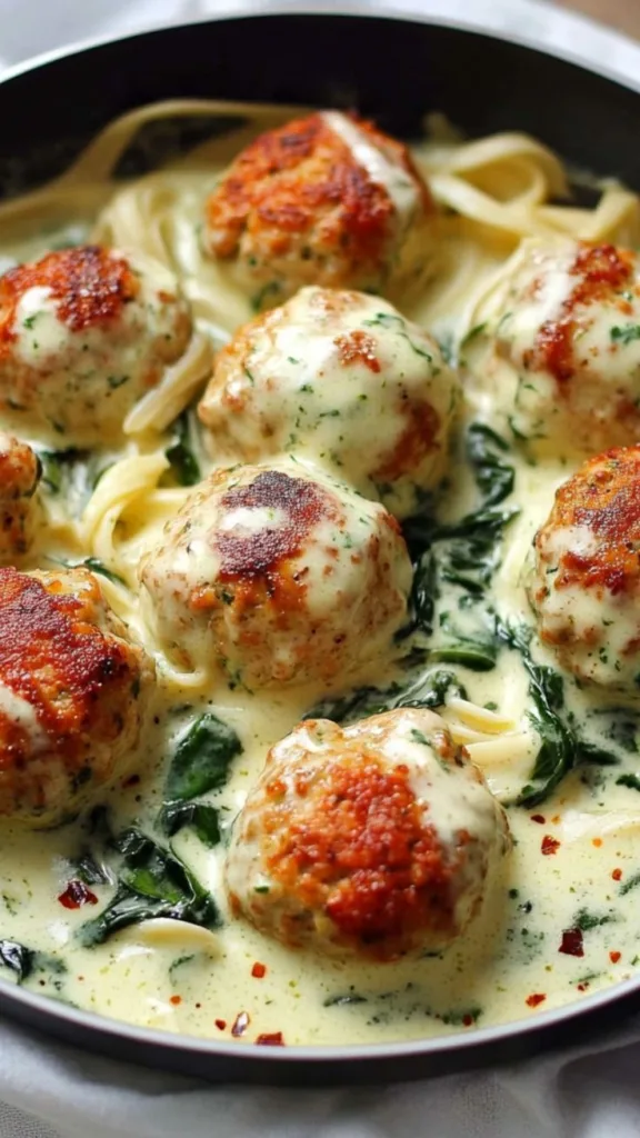 Chicken Ricotta Meatballs with Spinach Alfredo Recipe 3 Chicken Ricotta Meatballs with Spinach Alfredo