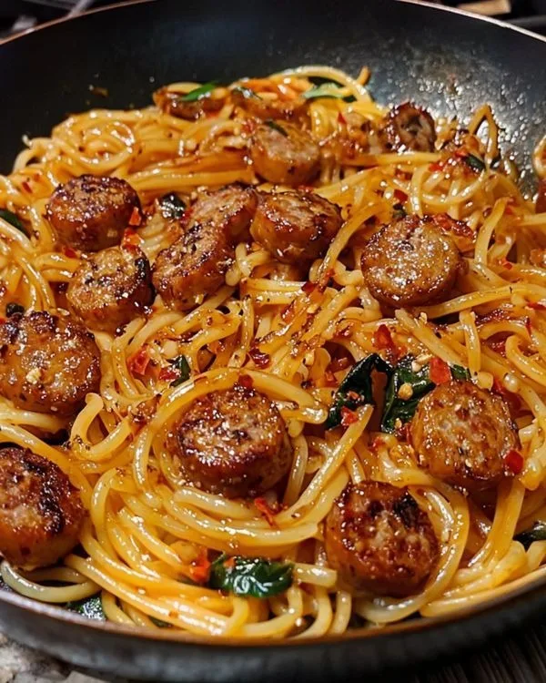 Sticky Honey Garlic Sausage Pasta Skillet Recipe 3 Sticky Honey Garlic Sausage Pasta Skillet