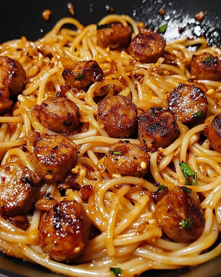 Sticky Honey Garlic Sausage Pasta Skillet Recipe 2 Sticky Honey Garlic Sausage Pasta Skillet