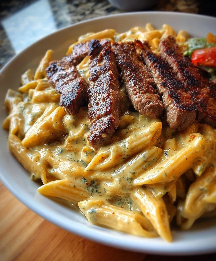 Creamy White Cheddar Cajun Steak Penne