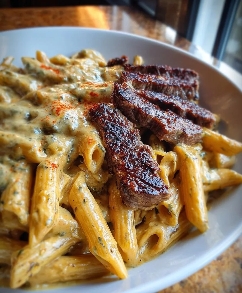 Creamy White Cheddar Cajun Steak Penne