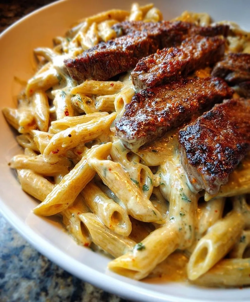 Creamy White Cheddar Cajun Steak Penne