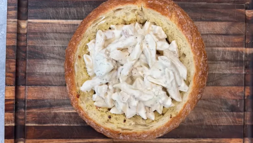 Chicken Alfredo Garlic Bread Bowls Recipe 5 Toast the Rolls and Mix Filling